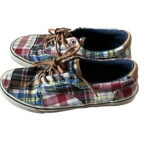 Sperry men’s striper II CVO prep sneakers patchwork madras canvas w rawhide lace